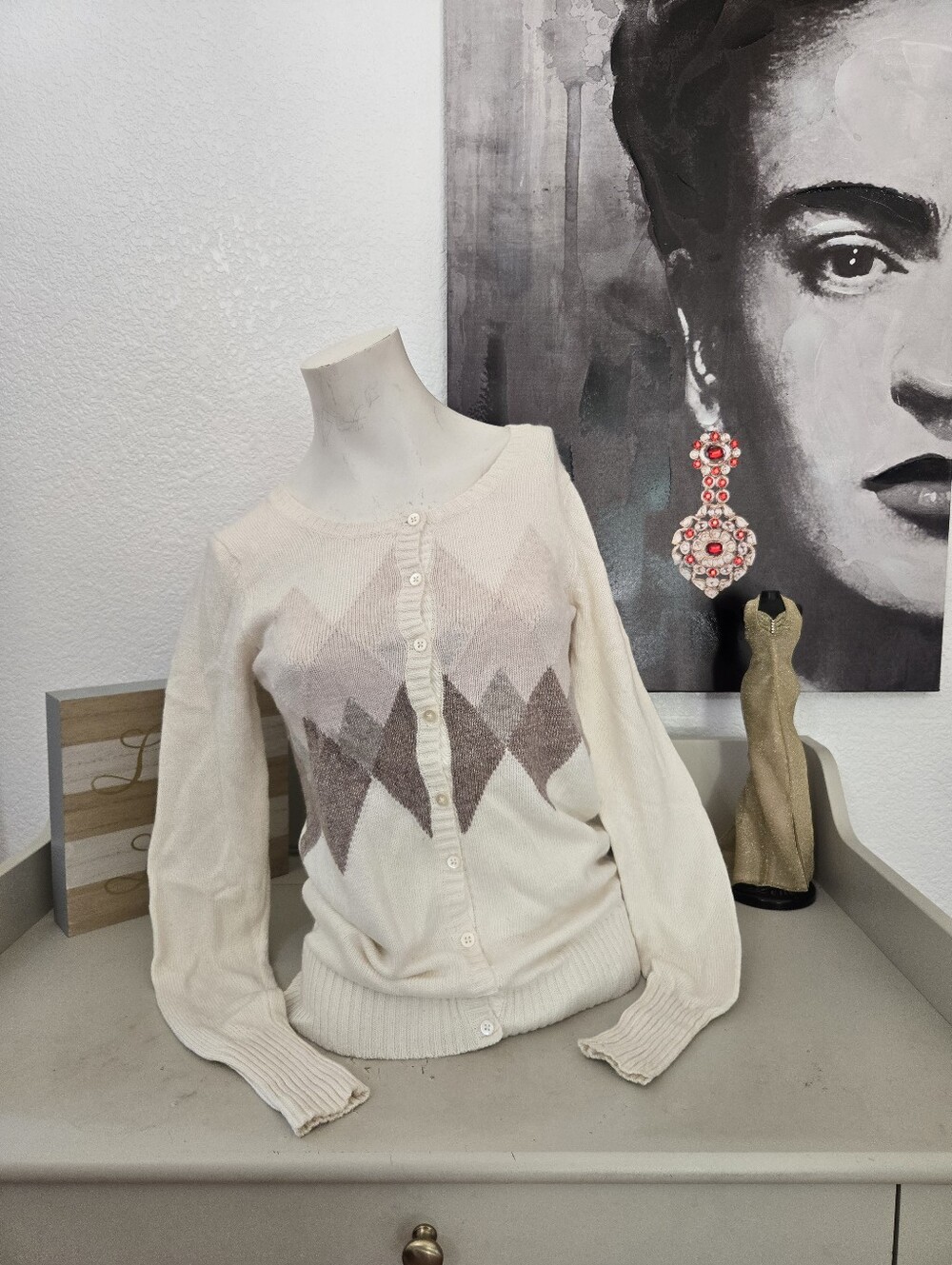 NWT Old Navy Cream Argyle Button-Up Women's Sweater Cardigan Size Small